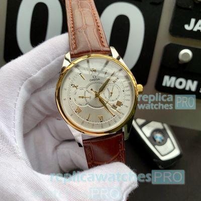 New Replica Omega Complications Silver Dial Brown Leather Strap Watch